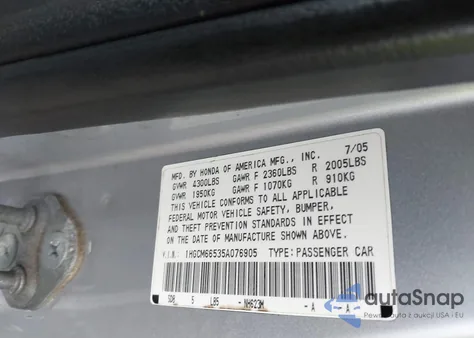 2005 Honda Accord 3.0 Ex from USA, damaged, VIN 1HGCM66535A076905